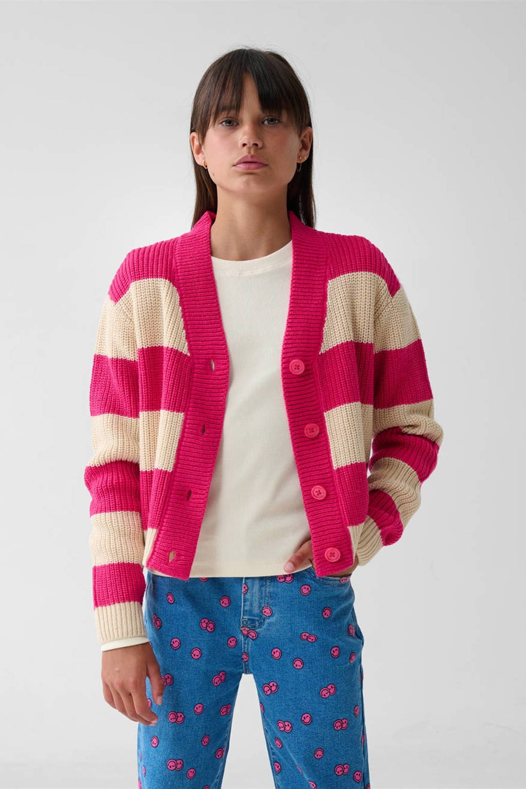 Shoeby gestreept vest roze/ecru
