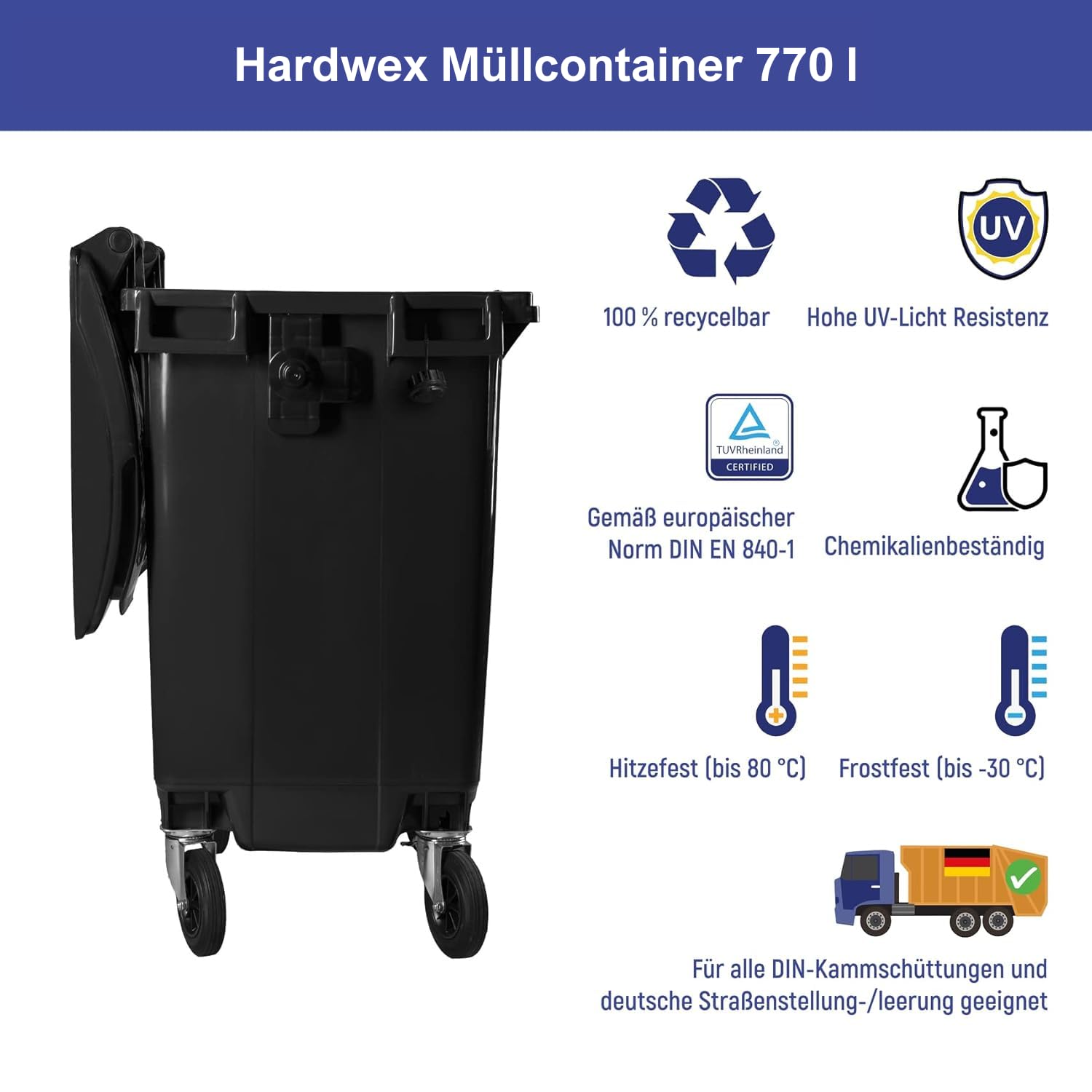 Hardwex Müllcontainer mit 4 Rädern mit Flachdeckel, Müllgroßbehälter, Abfalltonne, Mülltonne, Volumen: 770 Liter, Farbe: Grau/Gelb, Größe: 1 365 x 1 370 x 778 mm