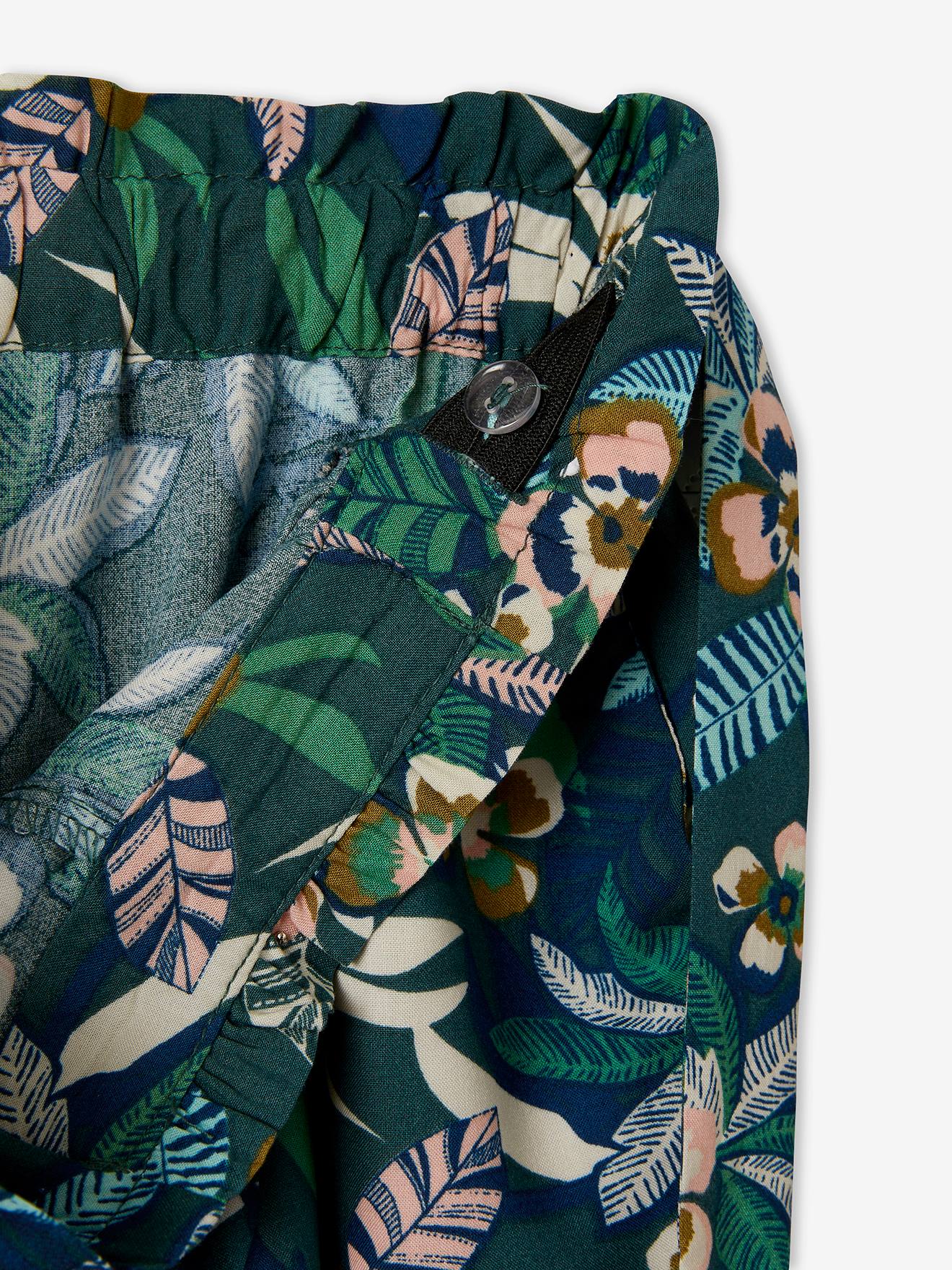 Calças cropped fluidas com estampa floral, para meninas, estampa verde escura.