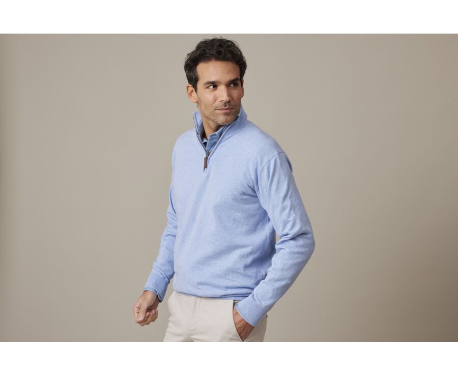 Pull fin homme coton bio/cachemire col zippé Bleu Ciel Chiné - VLAD