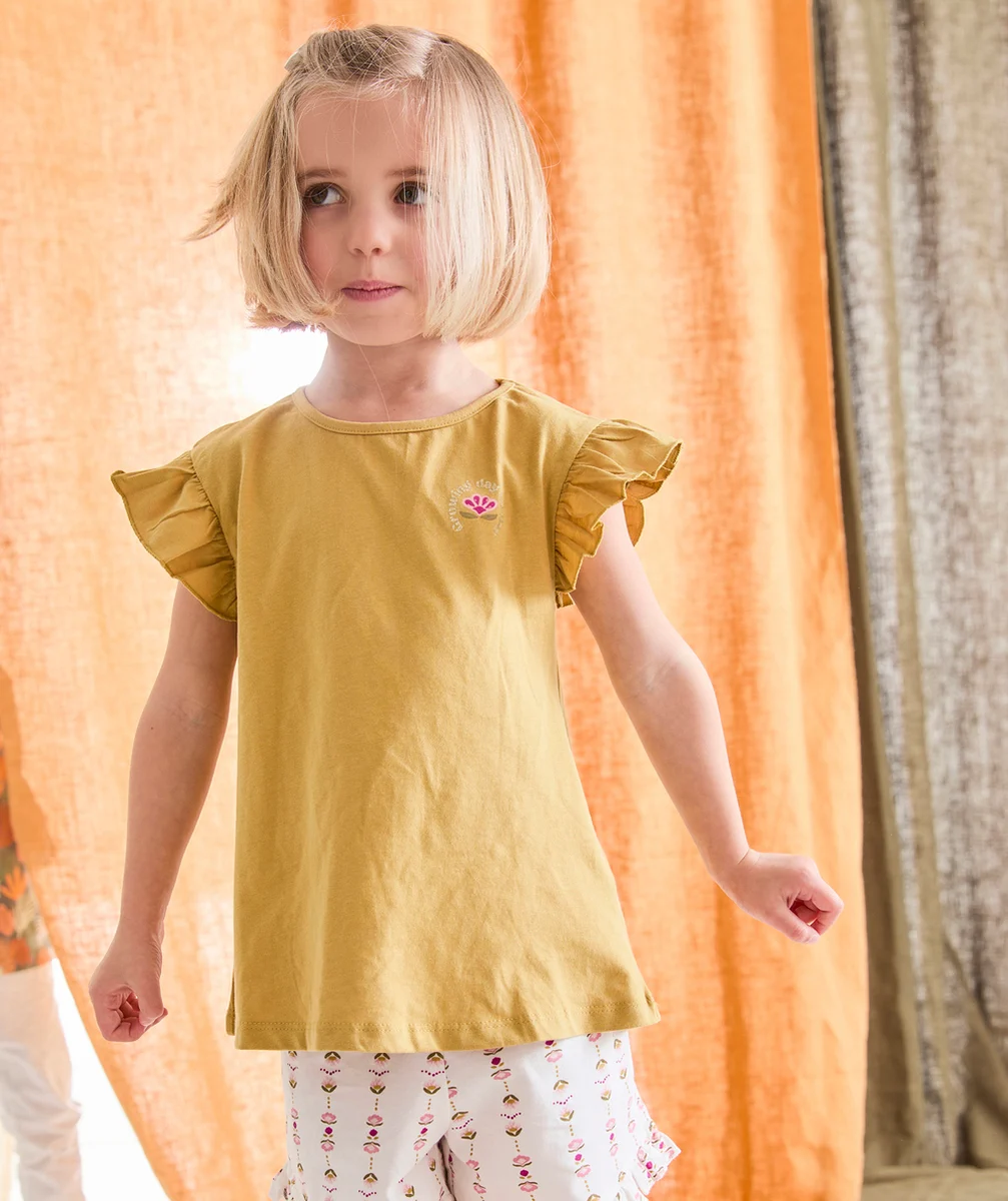 PYJAMA FILLE EN COTON BIOLOGIQUE JAUNE ET IMPRIMÉ