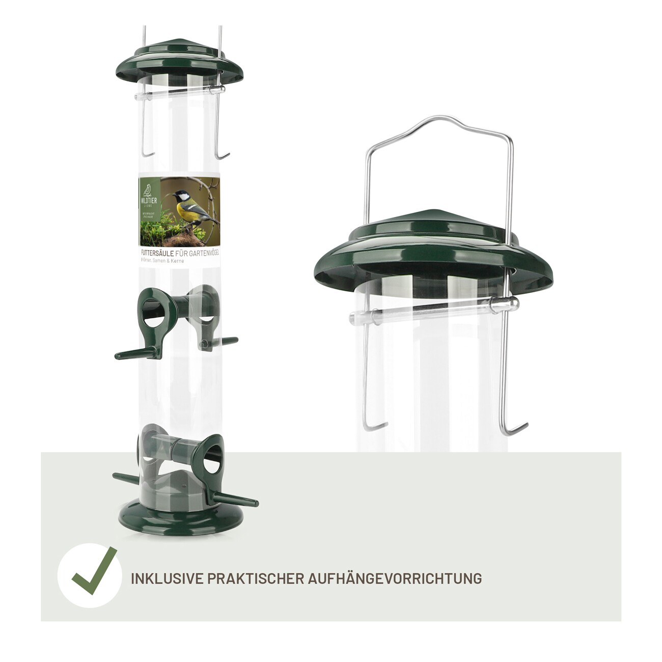 wildtier liebe Futtersäule für Samen, Körner & Kerne 38cm, Grün