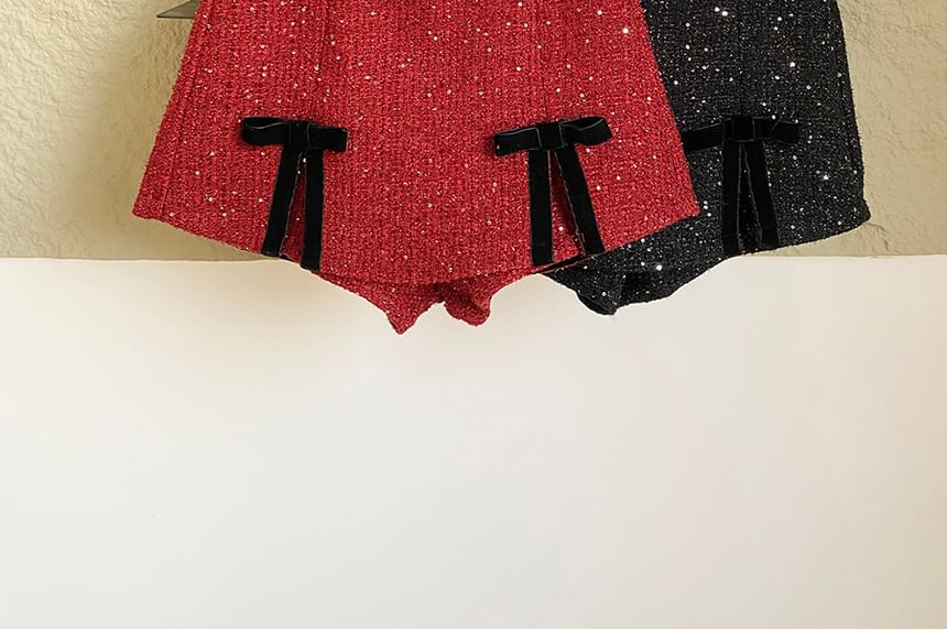 DIYI - Hoge taille glitter strik accent tweed shorts