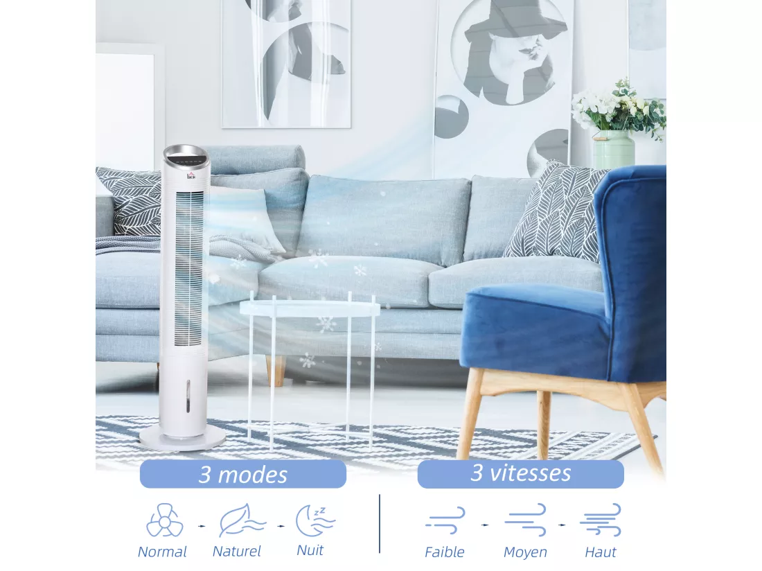 HOMCOM Ventilateur colonne rafraichisseur d'air humidificateur 3 en 1 - puissance 60 W - oscillant, silencieux - timer, 3 modes, 3 vitesses - télécommande incluse - blanc