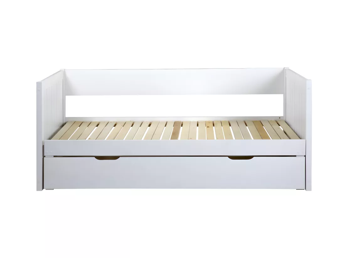 Lit gigogne banquette 90 x 190 ou 174 x 190 cm - Avec sommier peigne et tiroir - Pin et MDF - Blanc - ALFIERO II