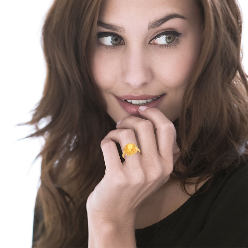 Bague or 750 jaune soleil citrine et diamants ambrés
