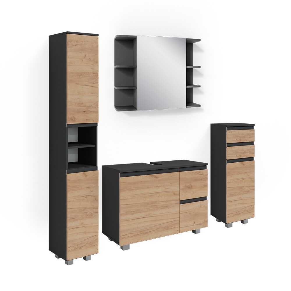 Vicco Badmöbelset J-shape Anthrazit Eiche modern Badezimmer Schrank Badschrank Waschtischunterschrank Spiegelschrank Midischrank Hochschrank Schranktür Schrankschublade Schrankfach Ablage Aufbewahrung