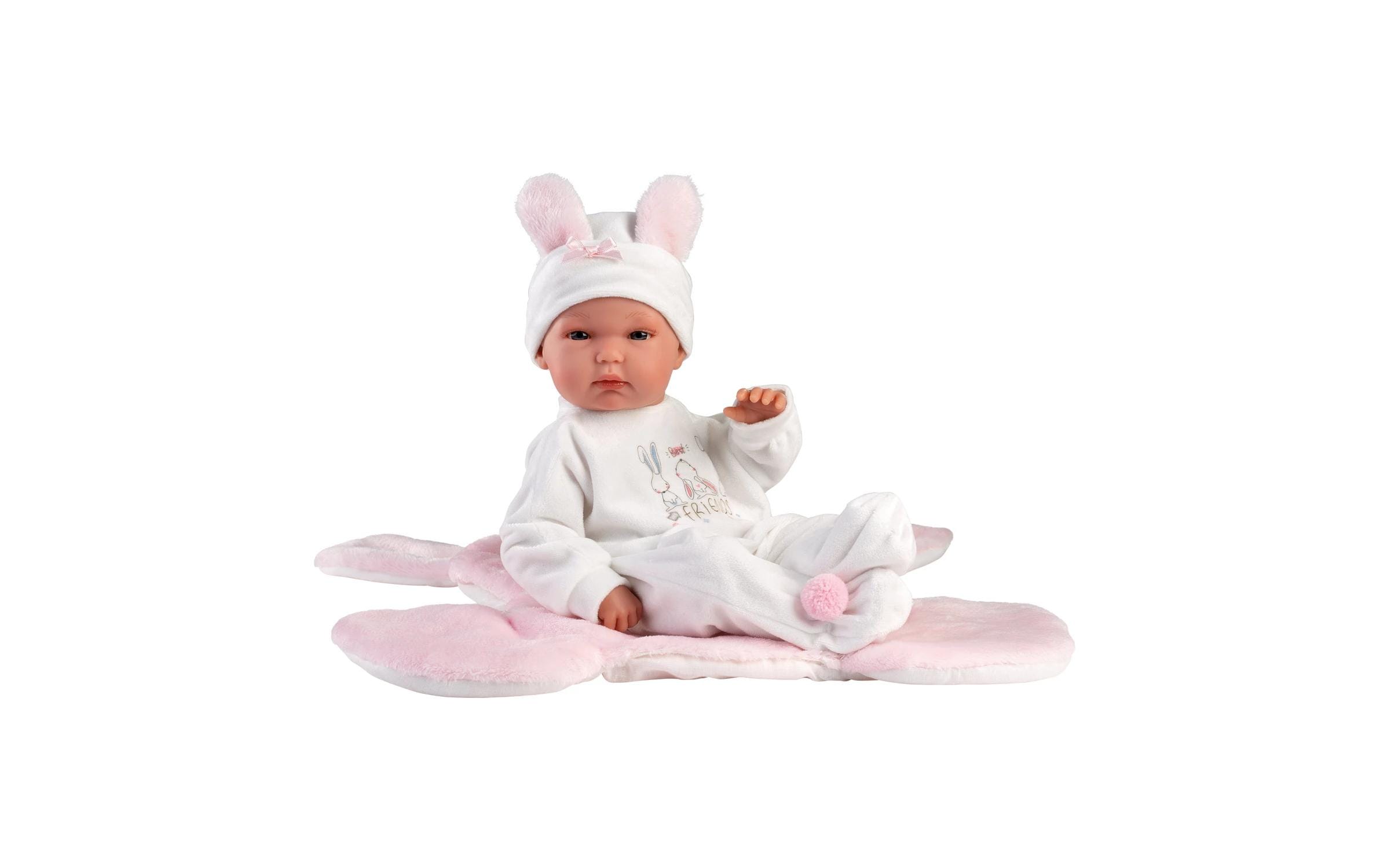 Babypuppe Bimba rosa mit Hasendecke 35 cmNew Born Puppe, komplett aus zartem Vinyl