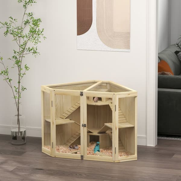 Hamsterbur i tre, smådyrebur med 4 nivåer, fôringsstasjon, vippe, rampe, hytter, marsvinbur for dverg- og syriske hamstere, 115 x 69,5 x 79 cm