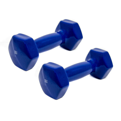 2 halteres de 2 kg com pega macia em vinil para exercícios, ginástica e musculação.