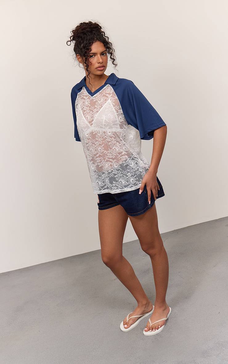 Bleu Marine Haut De Rugby Oversize À Col Contrastant En Dentelle