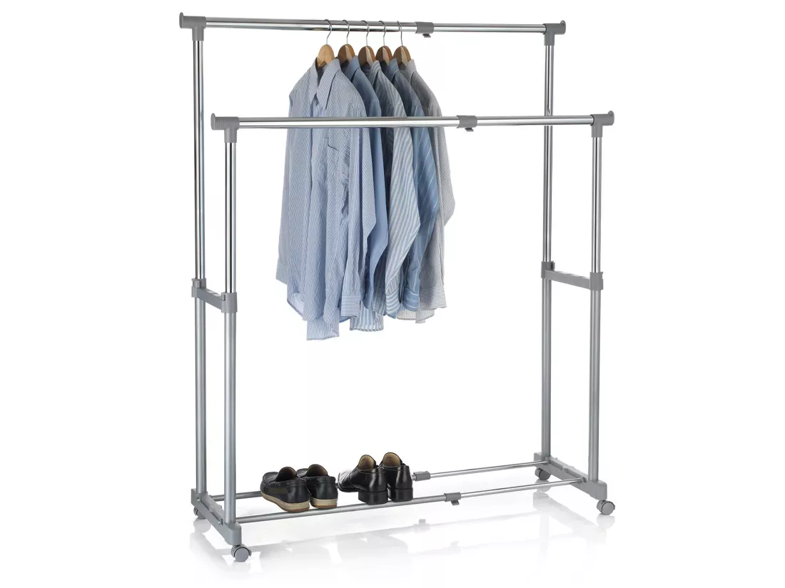 Portant à vêtements CASA en métal chromé et gris, penderie double sur roulettes avec 2 barres hauteur et longueur réglables