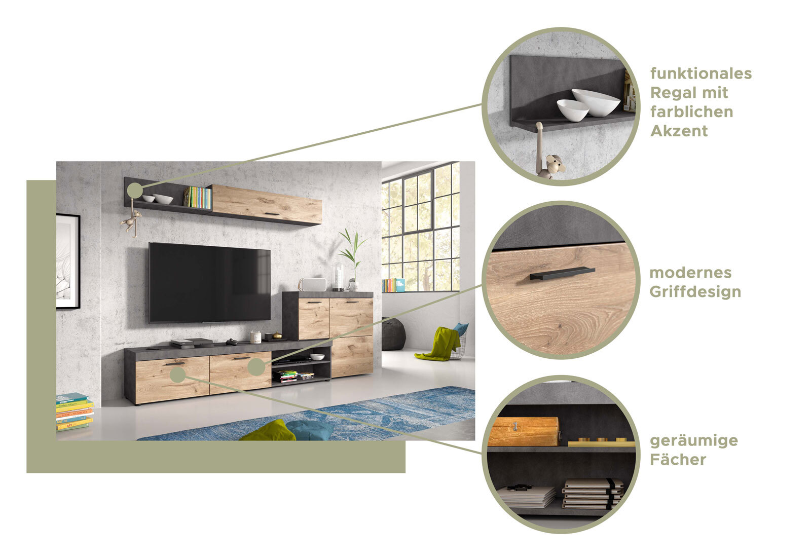 Sideboard Swift Matera-Beton-/Nox Oak-Optik 160x89x40 cm