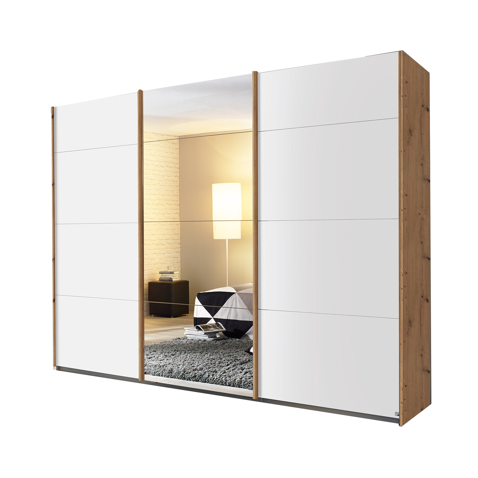 Schwebetürenschrank - alpinweiß - Eiche Artisan - mit Spiegel - 271x229 cm