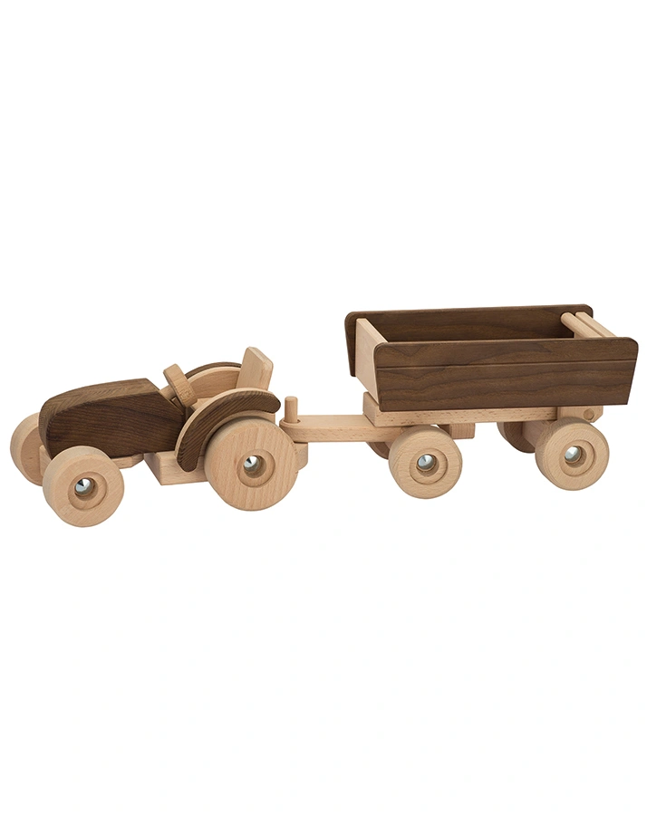 Auto TRAKTOR MIT ANHÄNGER GOKI NATURE aus Holz in natur/braun