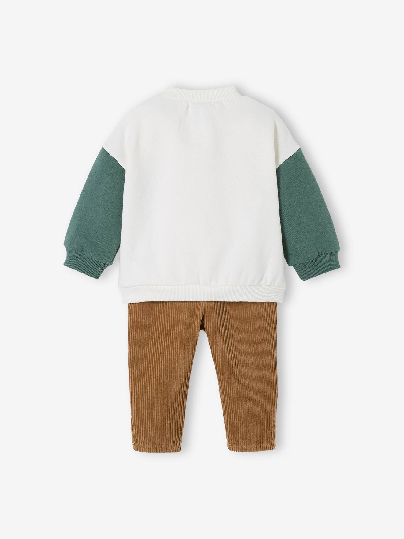 O conjunto para bebê inclui um moletom de lã e calças de veludo, em branco claro liso com estampas.
