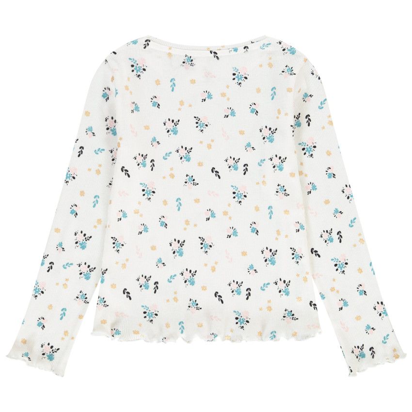 T-shirt manches longues côtelé imprimé fleuri pour fille - Ecru