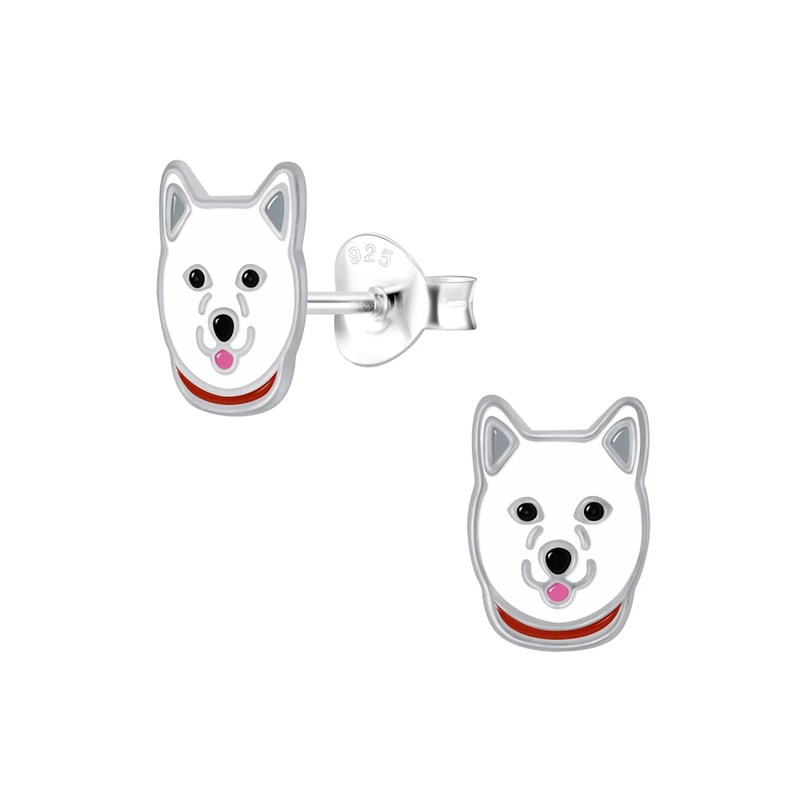 Boucles d'oreilles enfant husky blanc en argent 925