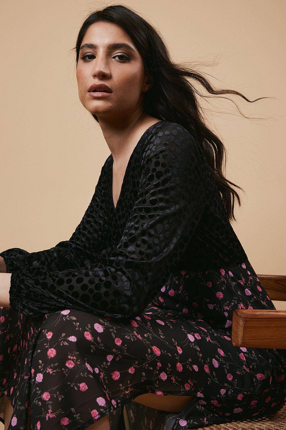 Oasis Robe Midi à Corsage Fleuri Pois pour Occasion