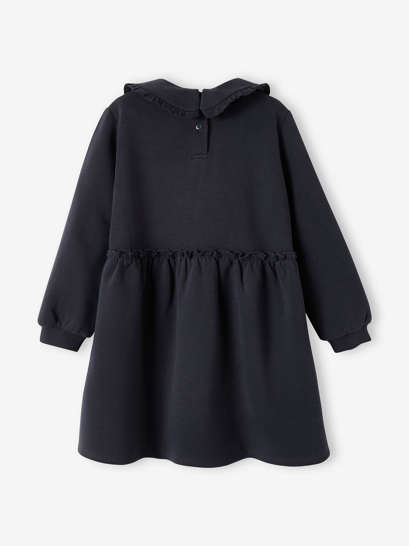 Vestido de pelúcia com gola Peter Pan, azul médio liso para menina.