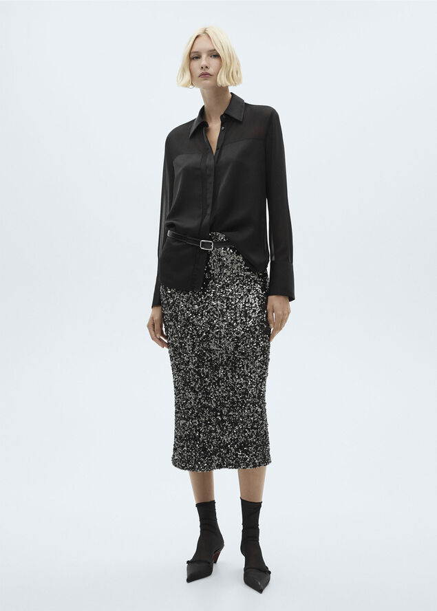 MANGO Hidden button chiffon shirt Black