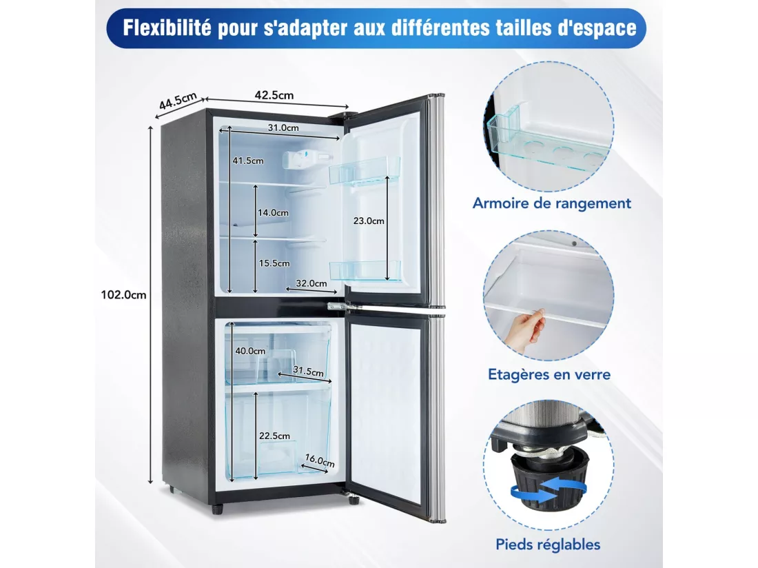 106L Réfrigérateur Argenté+noir, avec cloison en verre et pieds réglables, 7 température, -25~10 ℃, Classe d'efficacité énergétique E