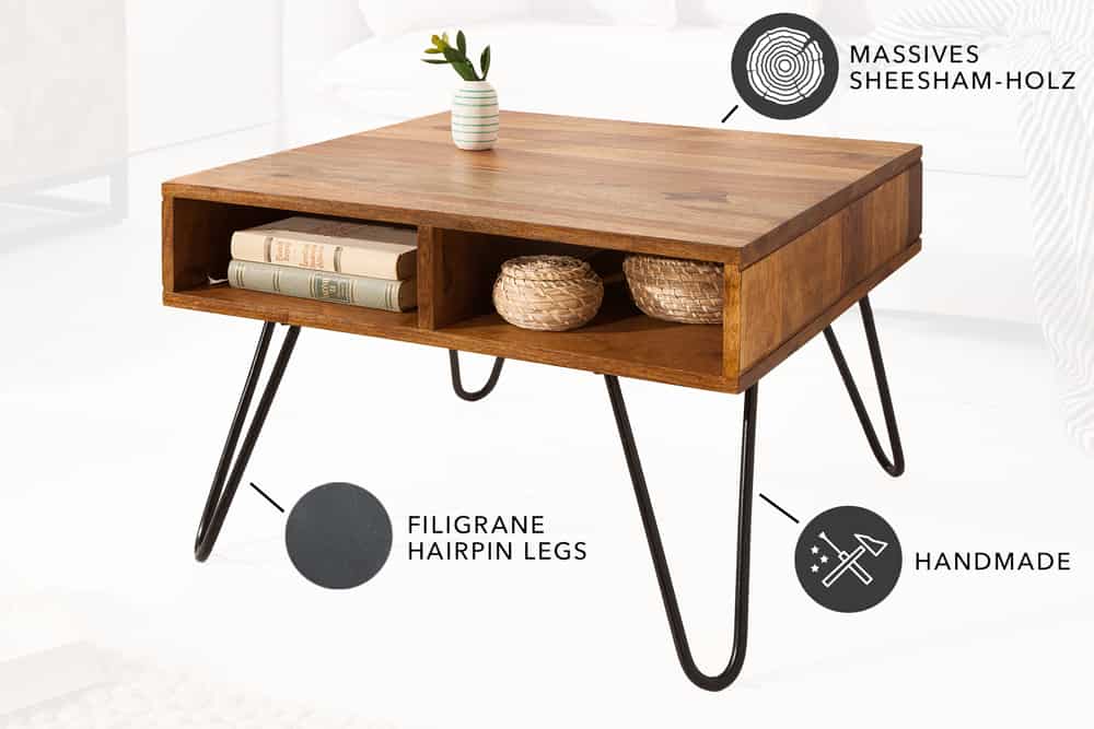Massivholz Couchtisch SCORPION 60cm braun Sheesham stone finish Stauraum Hairpin Legs