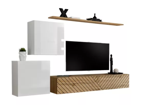 Ensemble de meubles design de salon SWITCH V, coloris blanc et chêne. Finitions blanc brillant et chêne fraisé.