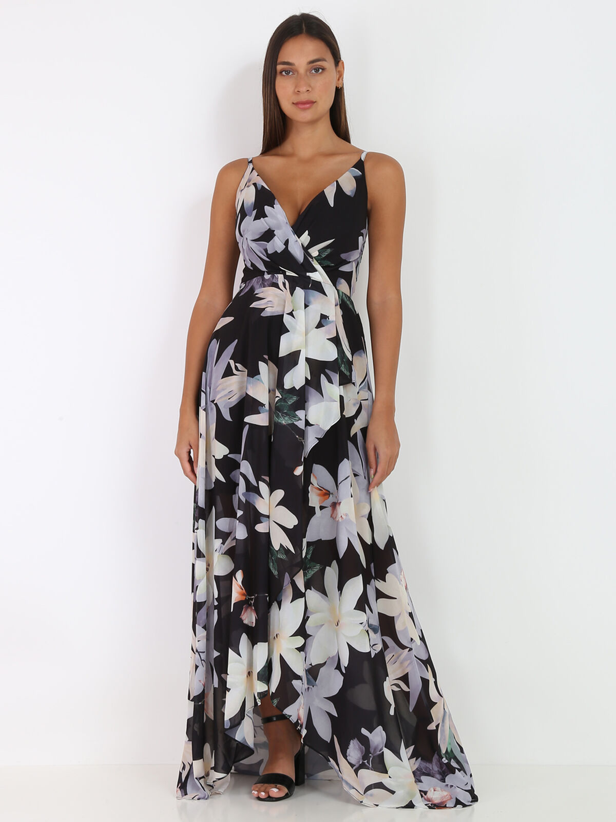 Robe longue fendue asymétrique à fleurs- Noir