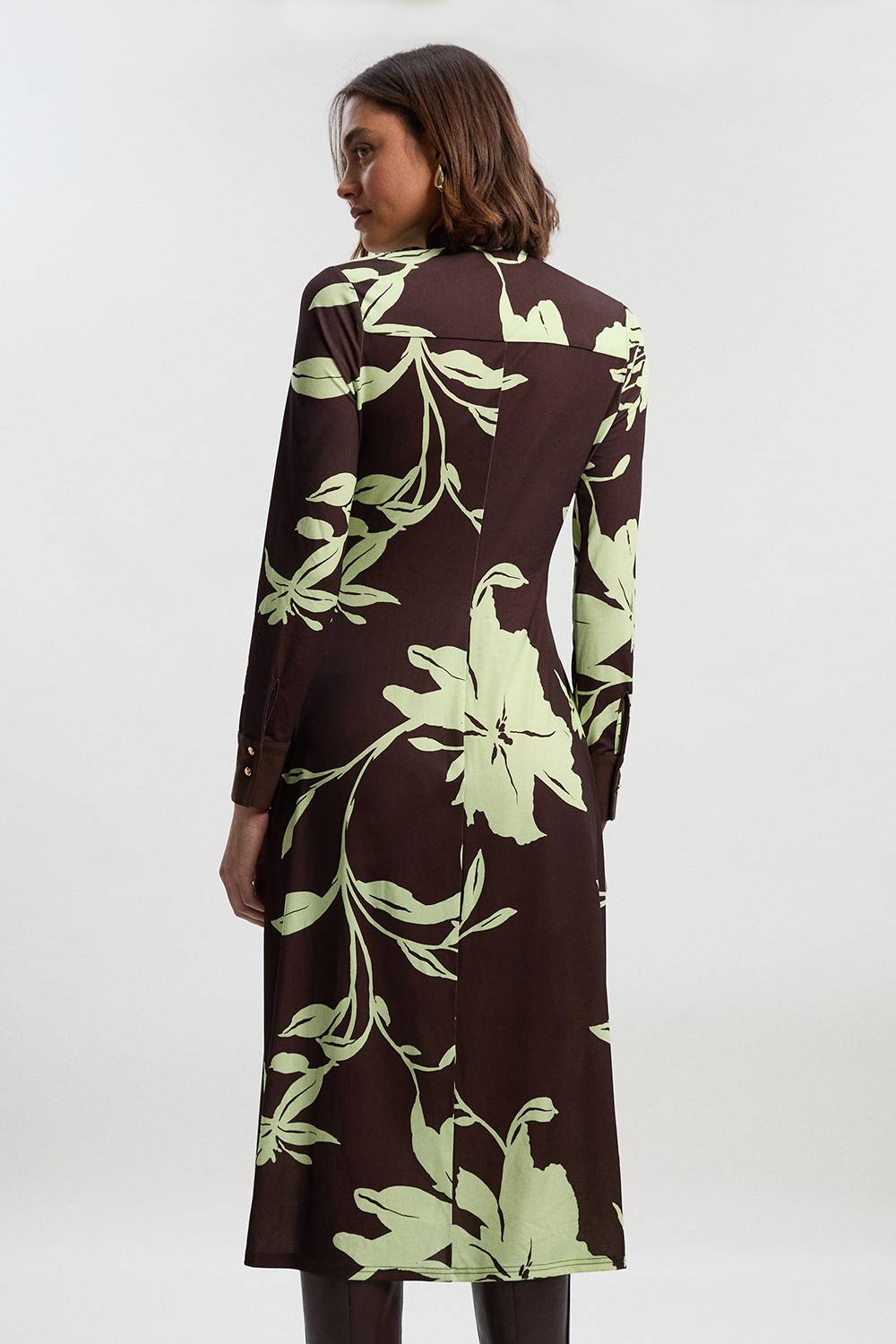 KarenMillen Robe Longue Petite à Imprimé Floral avec Détail Nœud et Manches Longues en Crêpe Froncé