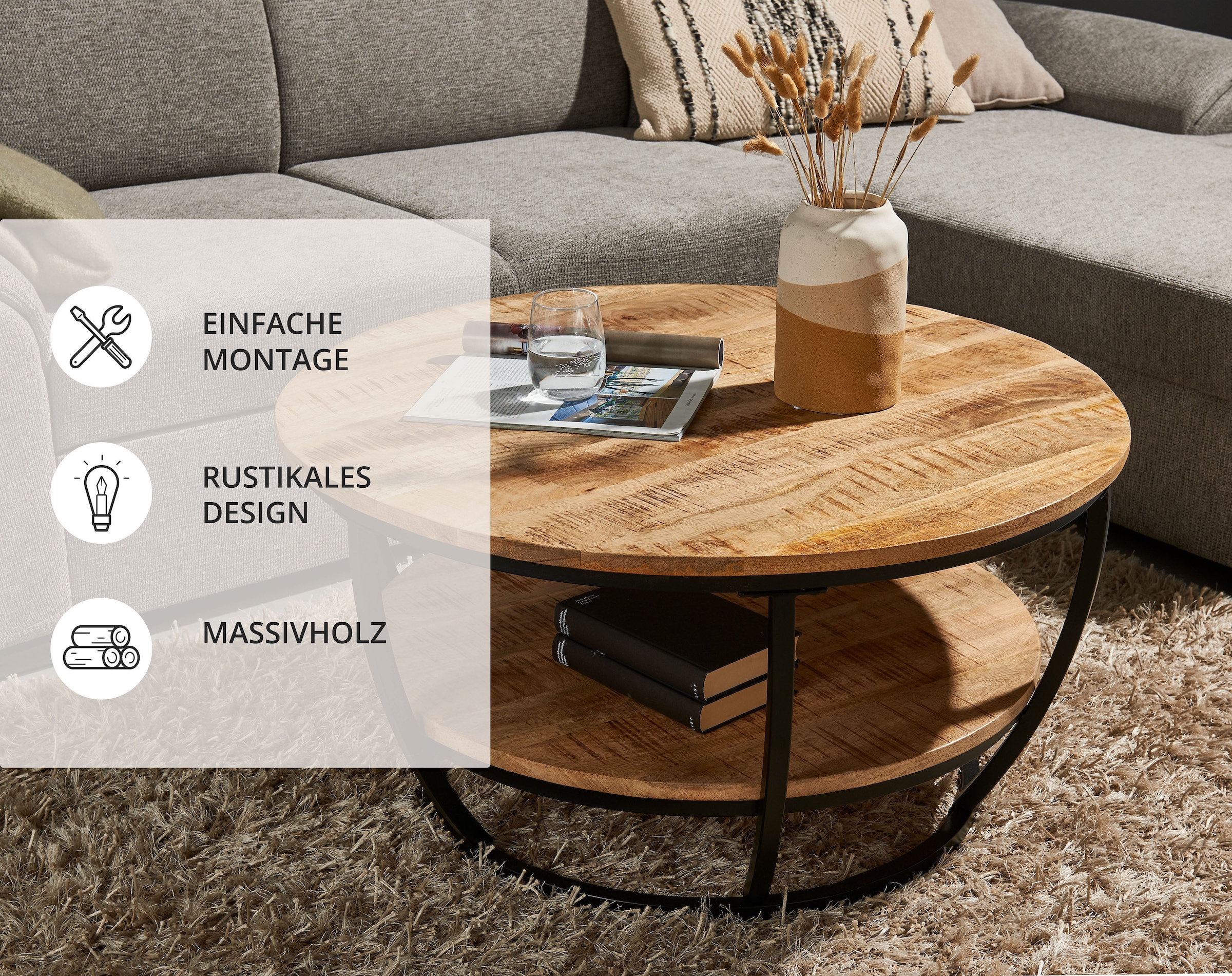 Stolkom Couchtisch »Jambi, TOPSELLER!« Couchtisch, OTTOs Choice,  rund Massivholz mit Ablage