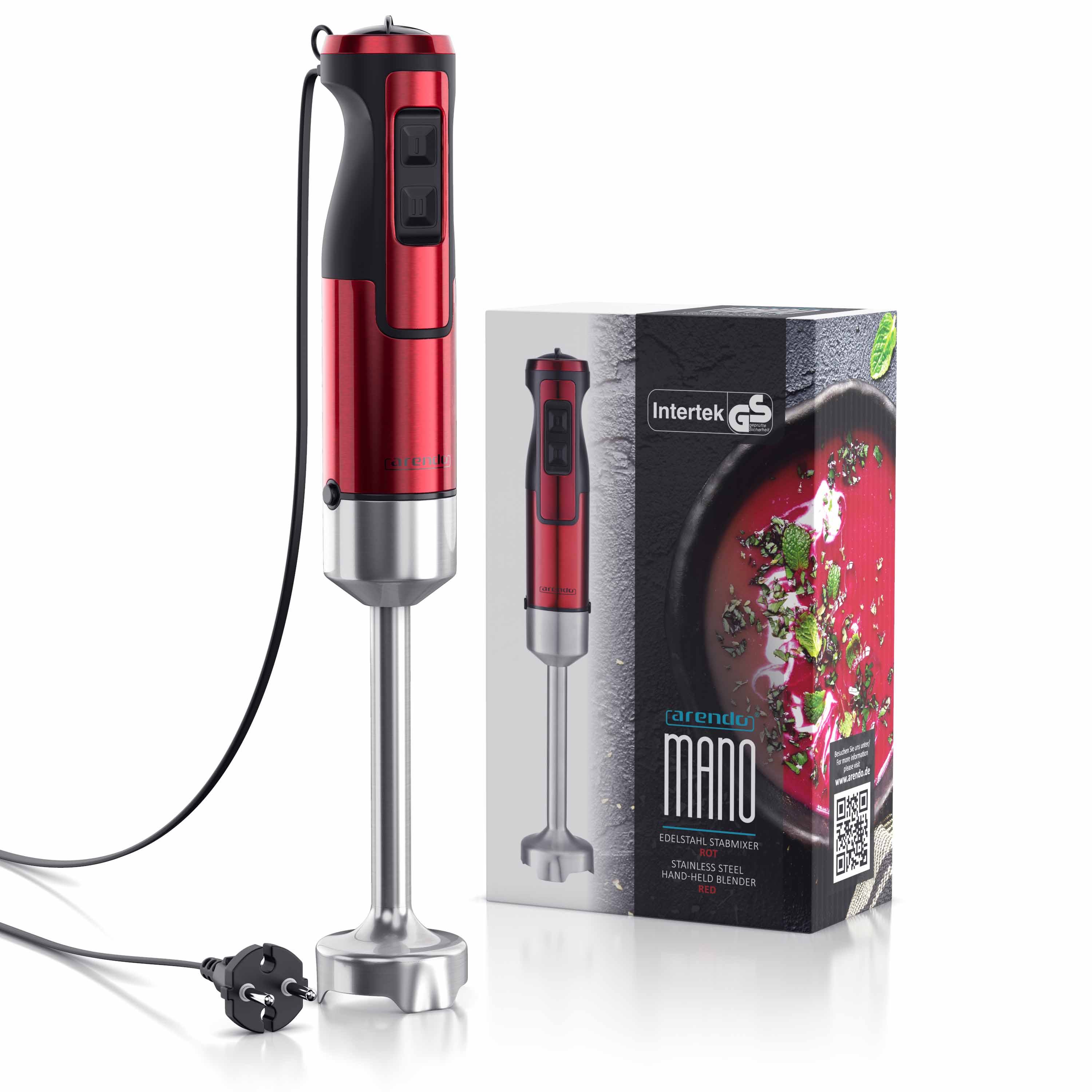 Arendo - Stabmixer, 1000 W, Edelstahl Pürierstab in rot, Handmixer mit Becher, stufenlose Regelung