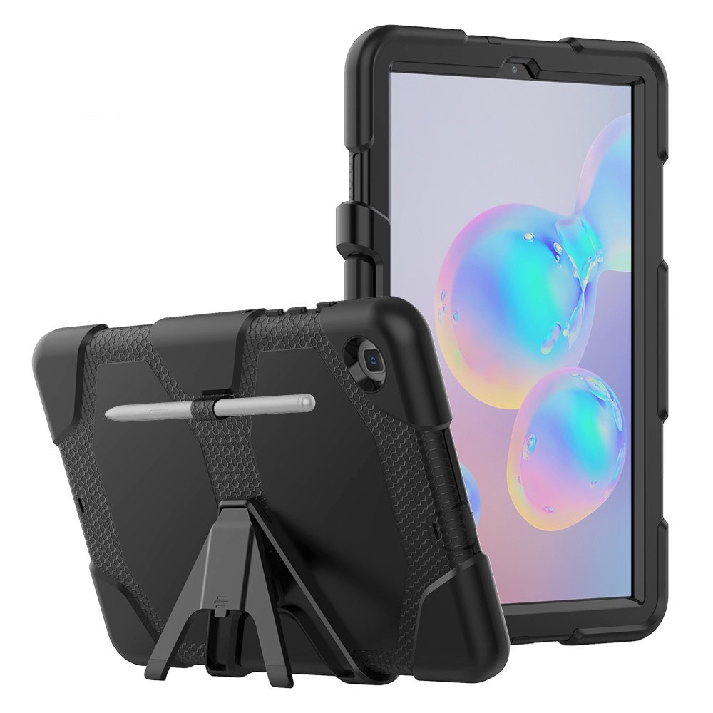 Samsung Galaxy Tab S6 Lite (2024/2022/2020) Hybrid Outdoor Silikon Case Hülle mit Aufsteller und Touch Pen Halterung - Schwarz