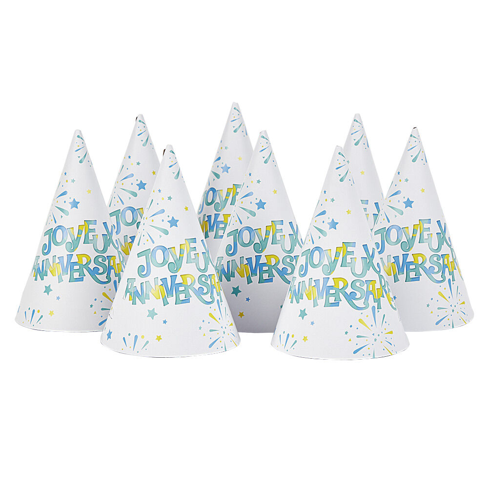 Chapeau de fête Joyeux anniversaire et feux d'artifice en carton x 8