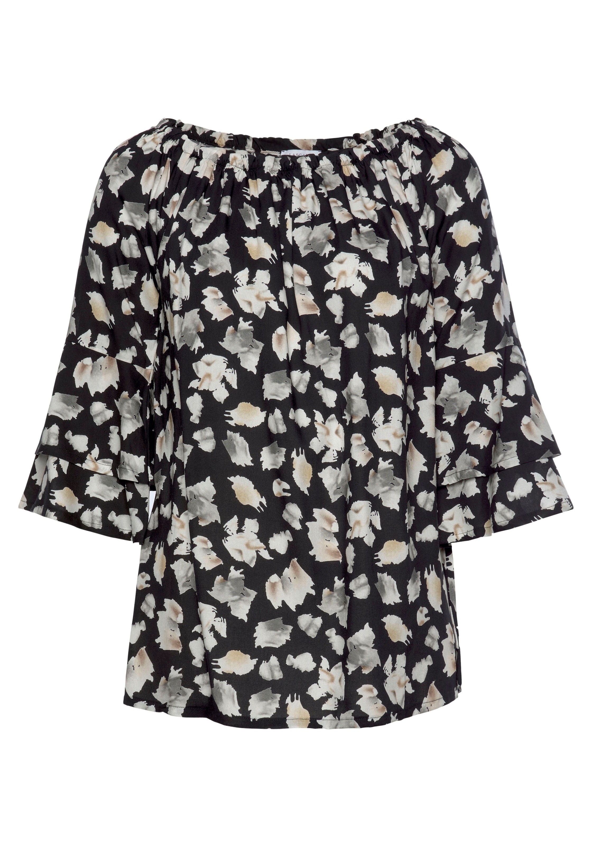 LASCANA Carmenbluse mit Alloverprint, Damenbluse, schulterfrei, casual