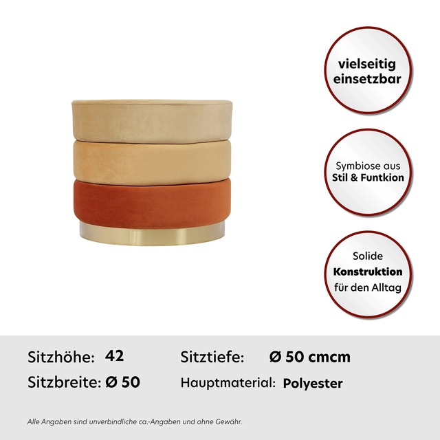 Kayoom Sitzhocker »Hocker Elyse, Edler Touch durch goldenen Sockel« 1 Stk. tlg. samtweich, hochwertig, Perfekt aufeinander abgestimmte Farben