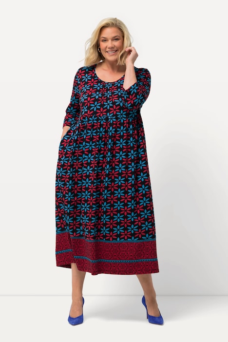 Jerseykleid, Blüten, A-Linie, Rundhals, 3/4-Arm