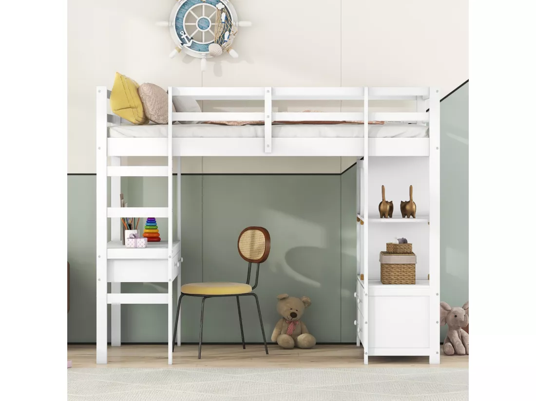 Lit mezzanine 90x200cm pour enfant - lit surélevé avec tiroirs de rangement, bureau et bibliothèque de rangement sous le lit - blanc