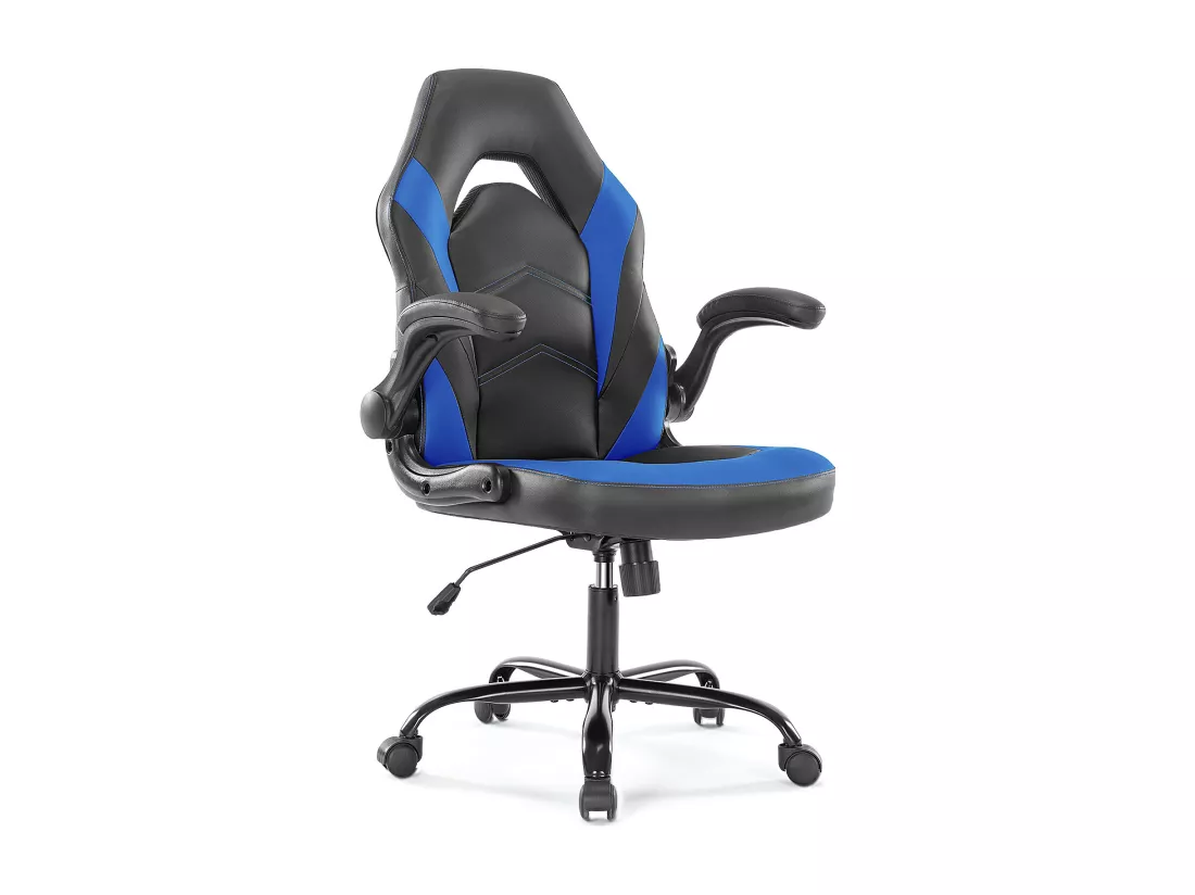 Chaise d'ordinateur,Chaise de bureau pivotante avec support lombaire,Ergonomique,Cuir de PU,Bleu,Noir