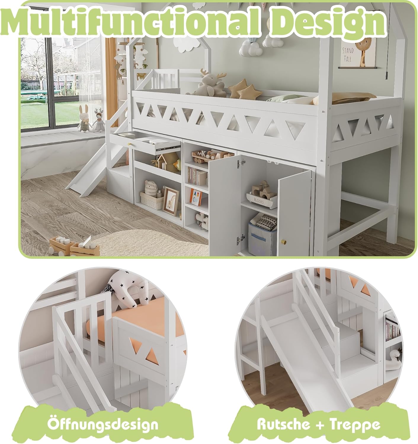 Merax Kinderbett Hochbett 90x200 cm, mit Treppe Staufach Stauraum,Rutsche,Schreibtisch,Schließfach,Platzsparendes Kinder Einzelbett mit Lattenrost und Rausfallschutz,Ohne Matratze,weiß,90 * 200cm