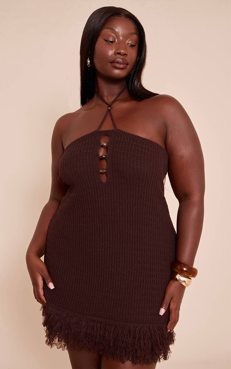 Chocolat Robe Mini En Maille À Col Licou Avec Détails De Perles Grande Taille