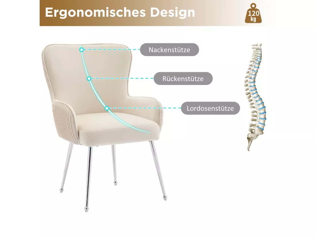 Lot de 6 chaises avec accoudoirs et pieds réglables, Velours et métal, soutien lombaire, Beige