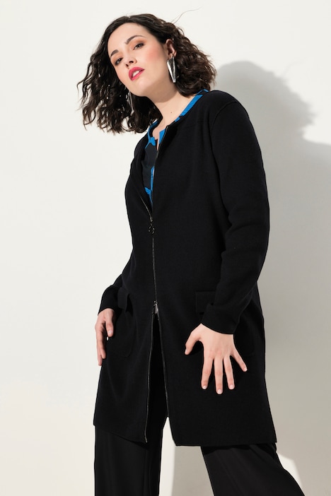 Strickjacke, Feinripp, Rundhals, 2-Wege-Zipper