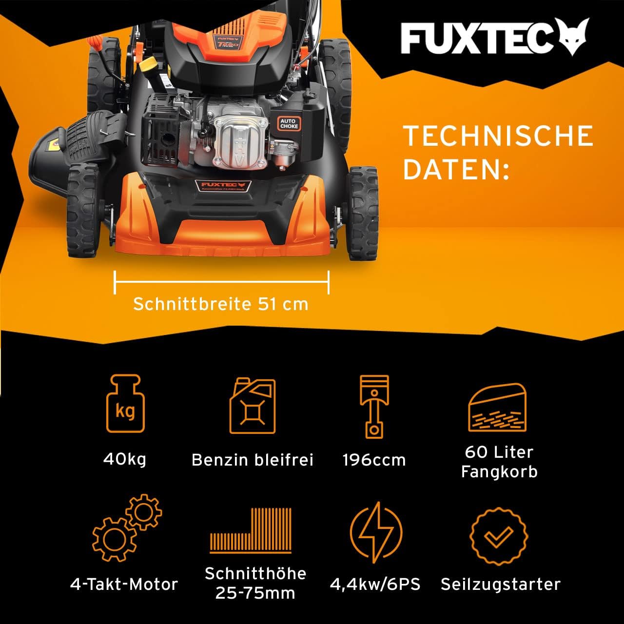 FUXTEC 4in1 Benzin Rasenmäher FX-RM5196 mit Edge-Cut, Gartenmäher inkl. Seitenauswurf-Funktion, 51 cm Schnittbreite, 4-Takt mit Hinterradantrieb, kugelgelagerte Big Wheel Räder, 60L Grasfangkorb