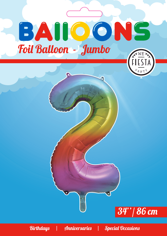 Folie Ballon Cijfer 2 Regenboog XL 86cm leeg