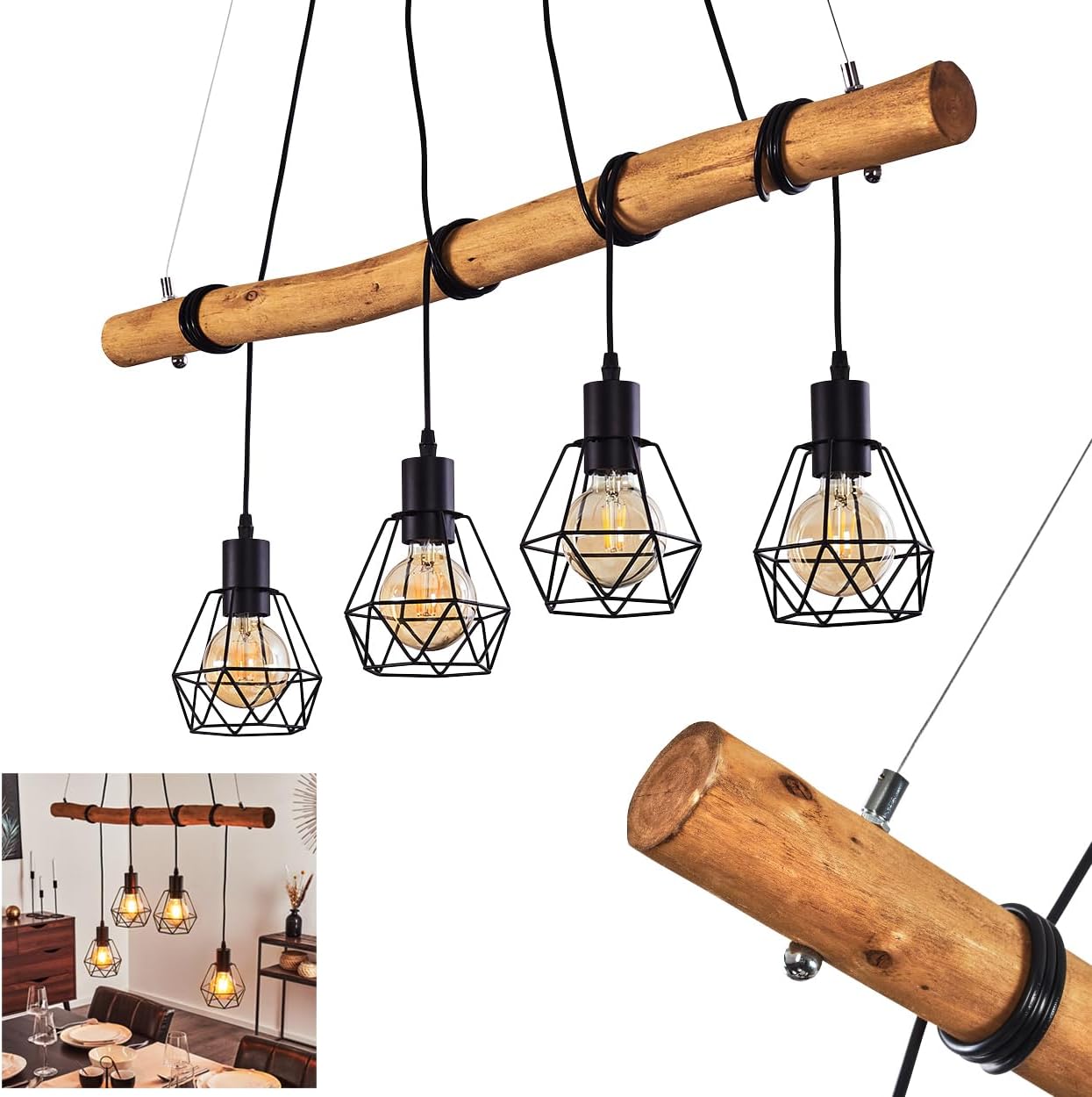 HOFSTEIN Pendelleuchte Seegaard, 4-flammige Hängelampe aus Metall in schwarz und Holz, Vintage/Boho Style Zimmerlampe, 4 x E27, Leuchtenköpfe individuell einstellbar, für Esszimmer, Wohnzimmer, Küche