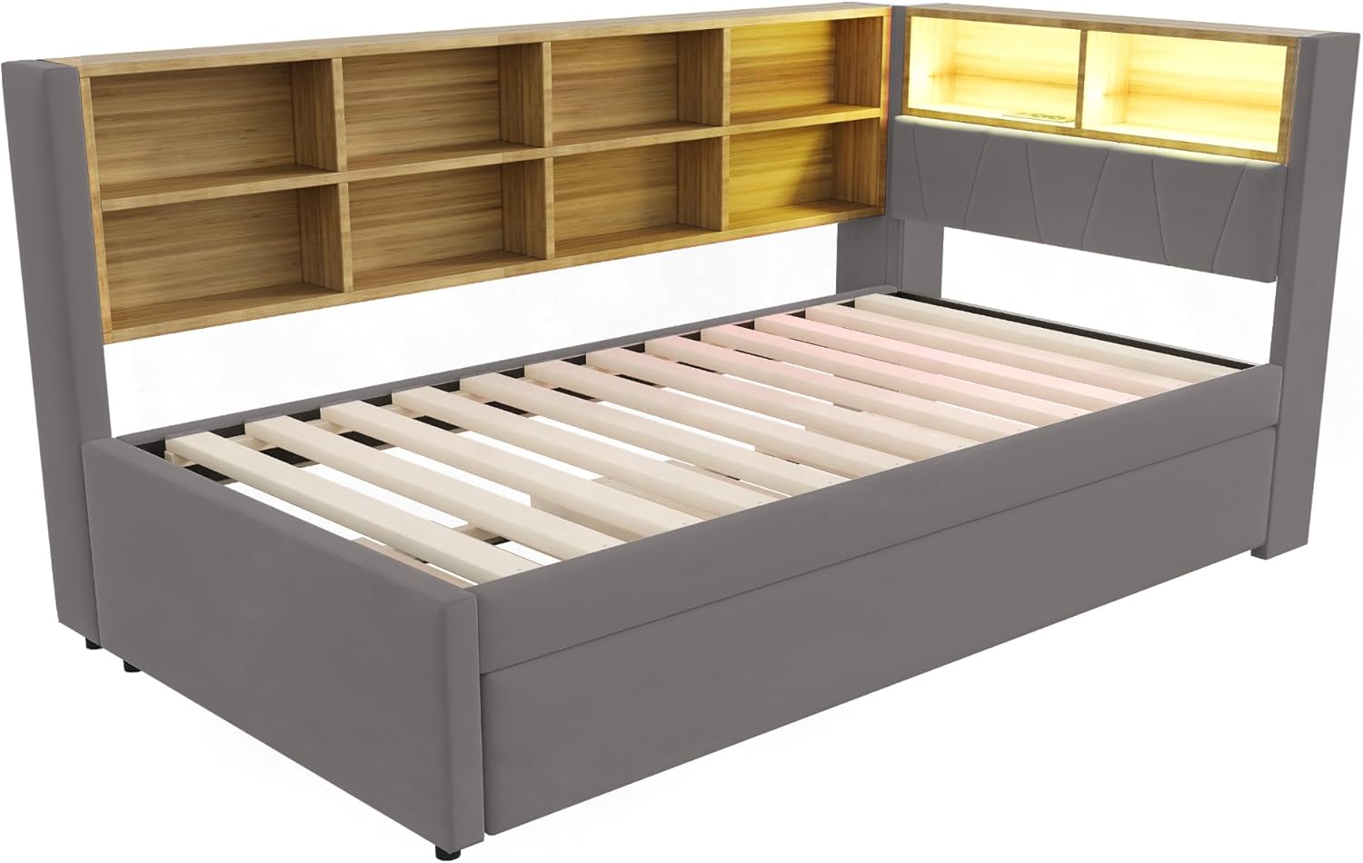 Polsterbett Einzelbett 90x200, Tagesbett Schlafsofa mit Ausziehbett&LED Licht&USB-Anschluss&vielen Ablagefächern, Bettgestell Gästebett Jugendbett mit Lattenrost, Flanell, Ohne Matratze, Dunkelgrau OX0194603