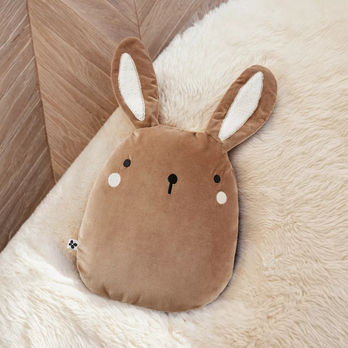 Coussin enfant lapin velours (40 x 45 cm) Pompon Marron