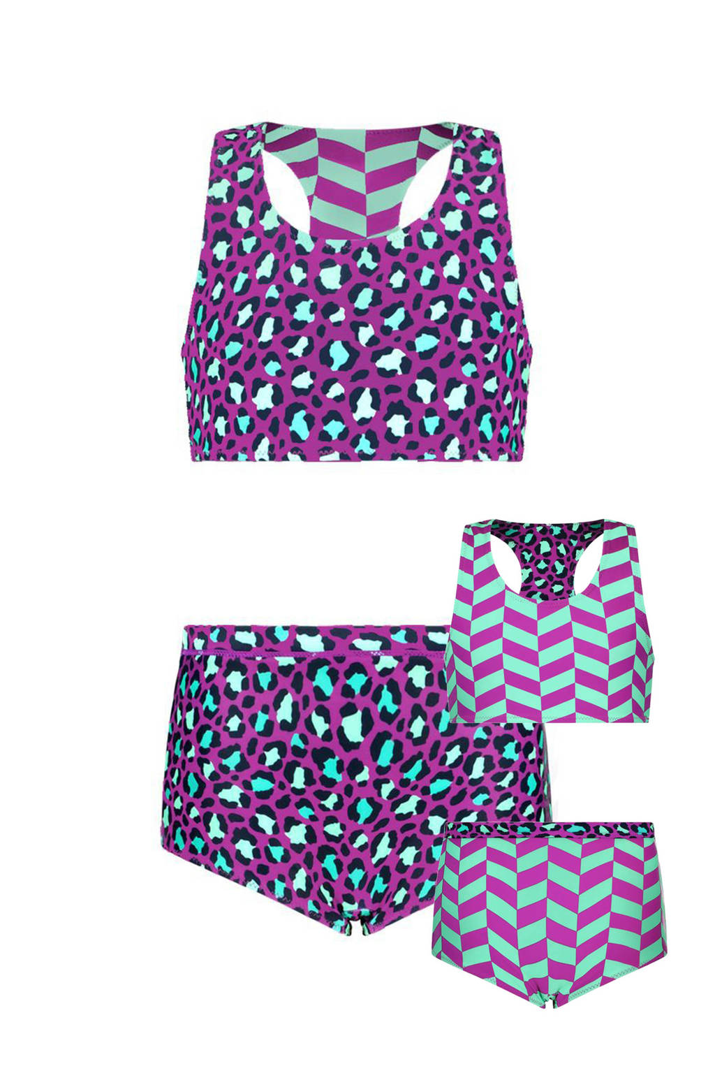 reversible crop bikini paars/mintgroen