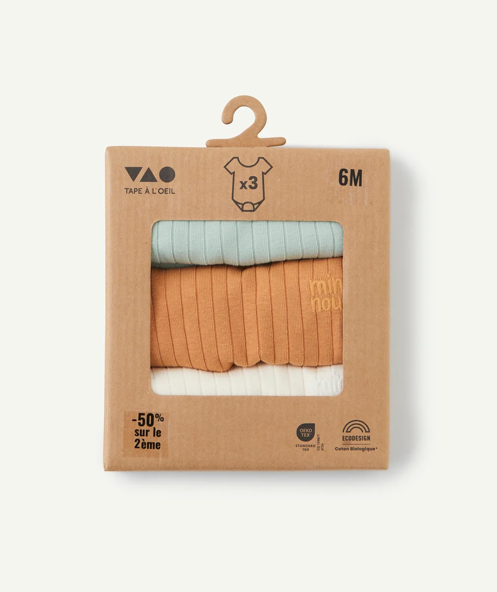 LOT DE 3 BODIES MANCHES COURTES BÉBÉ EN COTON BIO CÔTELÉ AVEC MESSAGES